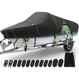 UIRWAY 1200D Heavy Duty Waterproof V-Hull Boat Cover, 14-16ft Trailerable with Night Safety Reflective Strips, UV Resistant Marine Grade for Bass Boat, Runabout, Tri-Hull, Fish & Ski, Bowrider - Black