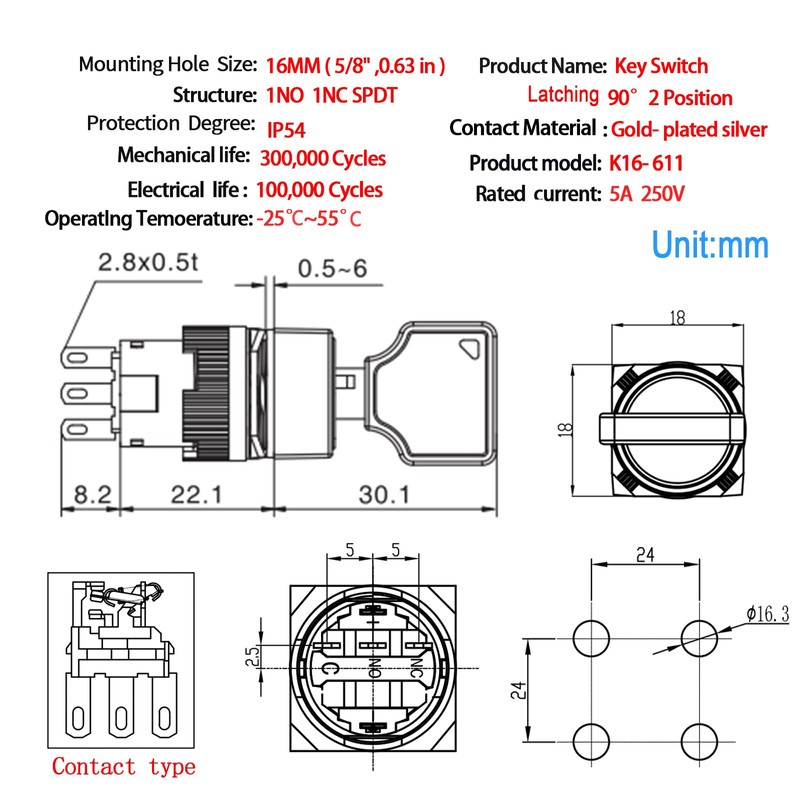 2 Pcs 16mm 5/8" SPDT Round Terminal Key Lock Switch,