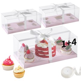 JCD 3Pcs Pink 1+4 Bento Box with Clear Window Bento Cake Boxes Combo Fit 4 Cupcake and 1 Mini Cake for Valentine Wedding Birthday Party Bakery Supplies(Pink 1+4/3Pcs)