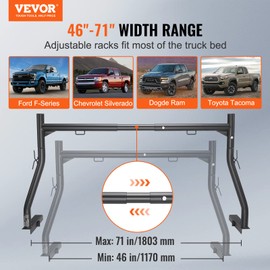 VEVOR Extendable Steel Truck Ladder Rack - 800 lbs Capacity, 46-71 inch, Non-Drilling for Kayak, Surfboard, Lumber, Ladder