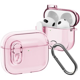 Ysnzaq Compatible with AirPods 4 2024, Transparent Case, Transparent Case with Carabiner, Shockproof LED, Visible, Wireless Charging Cover for AirPods 4th Generation, BJ Pink