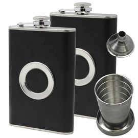 BlueDot Trading® Leather and Stainless Steel 8 oz Liquor Flask with Built In Collapsible 2 oz Stainless Steel Shot Glass and Funnel - 1 2 3 or 4-Pack (2)