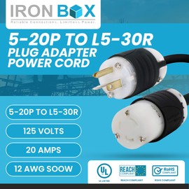 IronBox Electric NEMA 5-20P to L5-30R Plug Adapter Power Cord - 20A, 125V, 12 AWG - UL Listed Extension Cable - Heavy Duty Twist Lock Plug and Connector for Generator, Data Centers & More (3ft, Build)