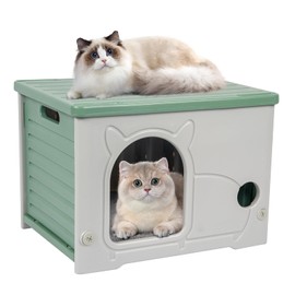 Plastic Cat House for Indoor Outdoor, Weatherproof Outside Cat House for Feral Cat, Stackable Cat Shelter with Plush Cushion (Green)