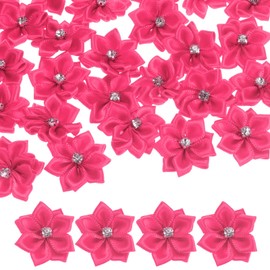 M METERXITY 100-Pack Satin Ribbon Flowers, 1.2 Inch Mini Fabric Flowers with Rhinestones Flower Ribbon Appliques for Crafts DIY/Wedding/Ornament/Party/Home [Rose Red]