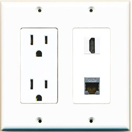 RiteAV - 15 Amp Power Outlet and 1 Port HDMI and 1 Port Shielded Cat6 Ethernet Decorative Type Wall Plate - White