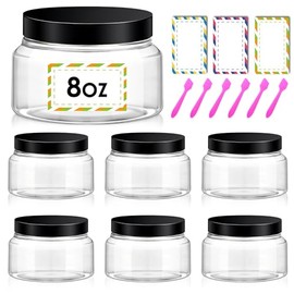 6 paquetes de tarros de plástico con tapas, recipientes de cosméticos de 8 onzas con tapa negra, recipientes de viaje vacíos transparentes recargables para mantequilla corporal, exfoliantes de azúcar