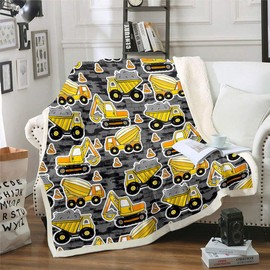 Erosebridal Excavator Flannel Blanket Equipment Truck Sherpa Blanket Children Cartoon Construction Tractor Fuzzy Blanket for Kids Boys Yellow Vehicle Plush Blanket for Sofa Chair Office Throw 50" X60