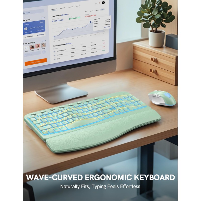 SABLUTE Wireless Keyboard and Mouse Combo, Ergonomic Wave with Wrist