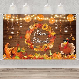 MEHOFOND Give Thanks Backdrop Banner Rustic Wood Turkey Thanksgiving Day Photography Background Fall Maple Leaf Wreath Pumpkin Thanksgiving Harvest Decor Party Photo Props 70.8 x 43.3 Inch