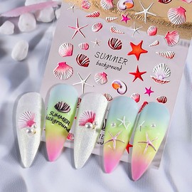 4 Sheets 5D Beach Nail Stickers for Nail Art – Summer Nail Art Decals with Starfish, Shells, Coral – Self-Adhesive Seashell Nail Charms for Gel, Acrylic, Press On Nails