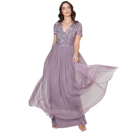 Maya Deluxe Women's Ladies Dress for Wedding Guest Plus Size Empire High Waist Sequins Short Sleeve Evening Bridesmaid, Moody Lilac, 22