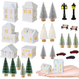 GW Box 29 Pcs Christmas Miniature Houses Figurines 1.5 Inch Snow Village Houses Mini Tree Miniature Christmas Town Accessories for White Winter Traditional Christmas Decor