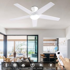 Ayaoty Ceiling Fans with Lights, 48 inch Low Profile Ceiling Fan with Light and Remote Control, Flush Mount, Reversible Motor, Dimmable, Noiseless, White Ceiling Fan for Bedroom, Indoor/Outdoor Use