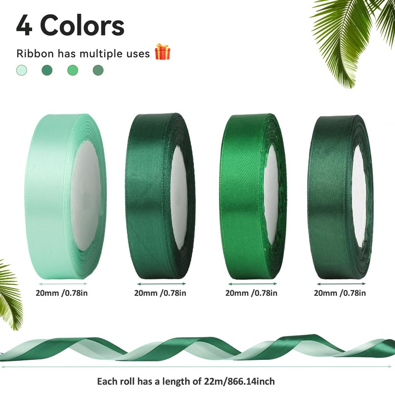 ZEFAN Satin Ribbon, 4 Rolls - 88m x 20mm, Green,