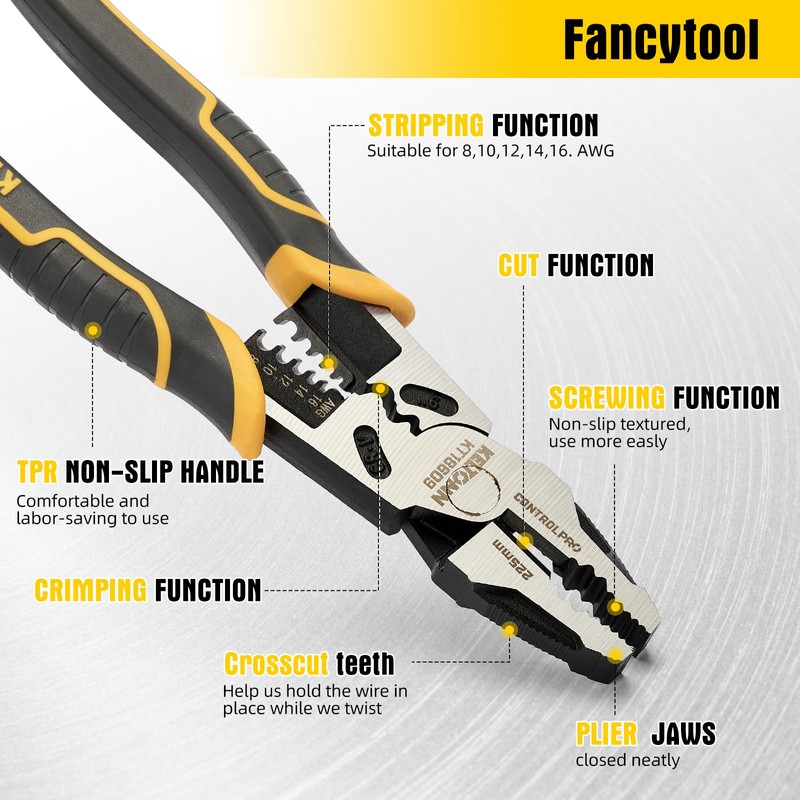 Fancytool Linesman Pliers Wire Stripper Crimper Cutter Combination Tool, 9"