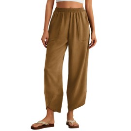 Feiersi Womens Baggy Wide Leg Pants Elastic Waisted Casual Palazzo Harem Pants Summer Beach Trousers(Khaki,X-Large)