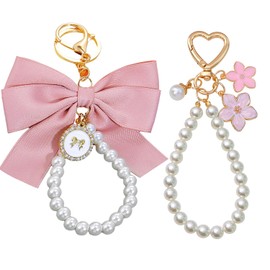 L0famy Bow Keychain 2 Pcs, Pink Pearl Keychain Wristlet Keychains, Ribbon Keychain Pearl Bag Charm, Cute Car Keyring, Handbags Charm for Purse, Wallet, Backpack