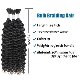 Water Wave Bulk Braiding Hair - 25% Human Hair Mixed Hair For Human Braiding Hair No Weft Curly Bundles 180g (1 Pack—2 Bundles) Boho Braids Wet and Wavy Synthetic Hair Extensions(24 Inch, 1B)
