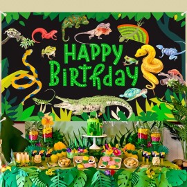 Unbranded Reptile Swamp Happy Birthday Decorations Jungle Wild One Party Banner for Kids