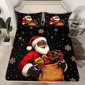 Juego de ropa de cama de Navidad de Papá Noel negro para niñas, niños afroamericanos, fiestas en casa, clásico de Papá Noel, sábana bajera africana para Navidad, invierno, copos de nieve