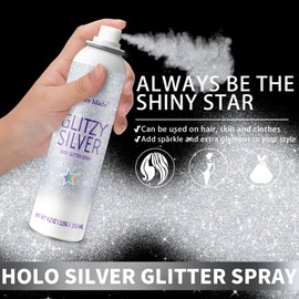 Body Glitte Spray, 150ML Silver Glitter Spray for Hair and Body, Long-Lasting and Quick-Drying Holographic Glitter Hairspray for Kids Women, Body Shimmer Festival Rave and Makeup 4.2 Fl Oz