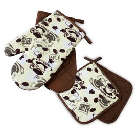 Multi-Purpose Basket Set Kitchen Brown Coffee Braided Oval with One Pair of Oven Gloves and Two Pot Holders