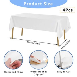 Pack of 4 Disposable Tablecloths, White, 137 x 274 cm with Table Runner, Rose Gold, 28 cm x 10 m, Waterproof Birthday Tablecloths, Plastic Tablecloths, Rectangular, for Wedding, Party, Christmas