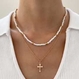 Aneneiceera Boho Layered Cross Choker Necklace Chain Vintage Gold Cross Pendant Necklace Chain White Beads Strand Necklace Statement Cross Beads Necklace Charm Jewellery for Women Girls
