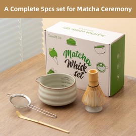 YumiPLUS 5pcs Matcha Whisk Set for Beginner, Ceramic bowl and Bamboo Whisk set, Japanese Matcha accessories, Traditional Tea Making Kit for Starter, Green Tea Ceremony Tools (grey)