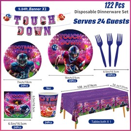 Football Party Decorations Serve 24，Football Plates Napkins Tablecloth Banner Football Party Supplies Tableware Set for Football Game Day Tailgate Party Decorations