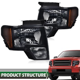 GRAND ORANGE Headlights Compatible with 2009-2014 Ford F150 Driver & Passenger Side Headlamps Smoke Lens Black Housing Amber Reflector DL3Z13008A FO2502289