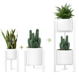IZIDDO 2 Pack Adjustable Plant Stand Indoor, White Metal Planter Stands Outdoor Tall 2 Tier Mid Century Modern Plant Holder, Fit 8 10 12 inch Pots, Single Floor Plant Stands for Indoor Plants-2 Tier
