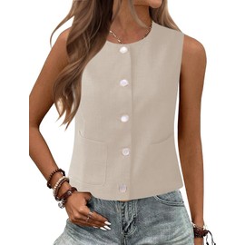 Rapbin Womens Vests Crop Tank Tops Summer Tops Button Down Round Neck Waistcoat Business 2025 Fashion Trendy(Apricot_L)