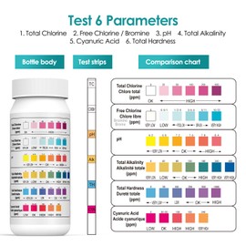 Ehomfy 50 Pool Test Strips, 6-in-1 Test Sticks, Pool Tester and pH Test Strips, Total Chlorine-Free/Bromine pH Tester/Total Alkalinity/Cyanuric Acid/Total Hardness for Swimming Pool/Hot Tub/Aquarium