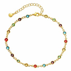 18K Gold Plated Anklet, Adjustable Bohemian Round Coloured Zirconia Anklet, Beach Holiday Jewellery For Women