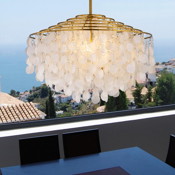 TOCHIC Capiz Shell Chandelier, 6 Lights Gold Coastal Chandelier Light