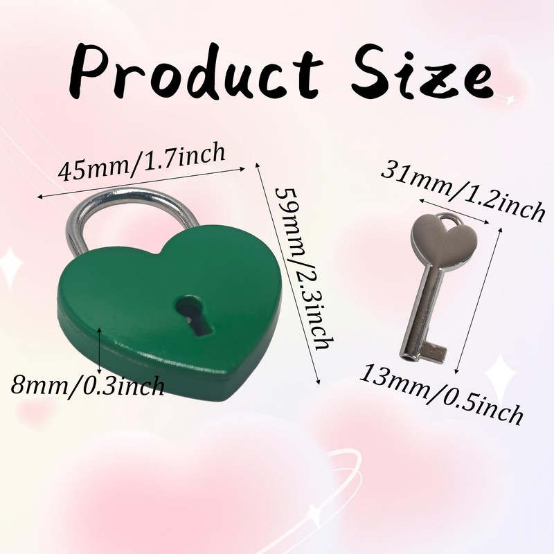 bociloy 2PCS Green Heart Shaped Padlock with Keys, 59×45×8mm Zinc