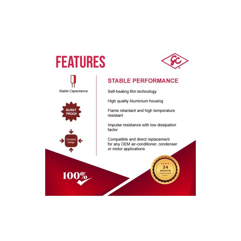 Capacitor (Oval) 40uF ±5%, 40MFD, 370V/440V Single Element CBB65 Motor