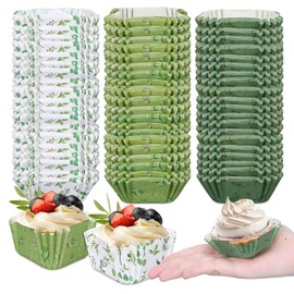 Whaline 450Pcs Greenery Mini Square Cupcake Liners Eucalyptus Olive Leaf Cupcake Wrappers Green Leaves Muffin Baking Cup for Wedding Bridal Baby Shower Birthday Party Decor