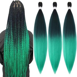 Pre Stretched Braiding Hair 26 Inch Ombre Green Braiding Hair Extensions Hot Water Setting Crochet Box Braids Hair (26 Inch (Pack of 3), Black-Dark Green-Green)