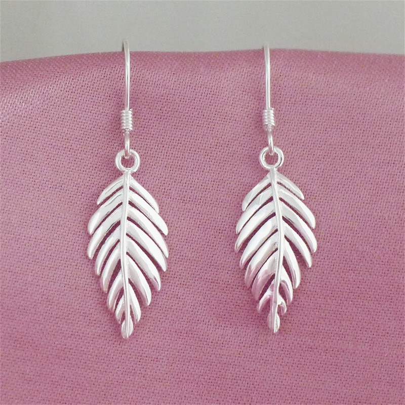 Sterling Silver Falling Feather Leaf Wing Drop Dangle Hook Earrings