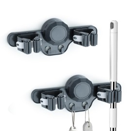 Sekonow 2 Pack Broom Holder Mop Hanger Wall Mount - Strong Suction Cup Mop and Broom Organizer with Hooks, Space Saving Removable Rack for Laundry Room Garden Garage (Grey)