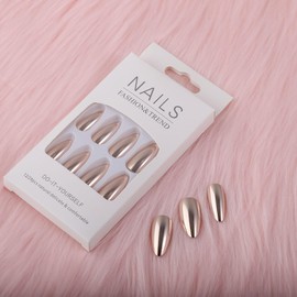24PCS Press On Nails, Mirror Metal Stiletto Fake Nails, Almond Medium Shape, Stick on Nails, Glue on Nails False Nails (Light Gold)