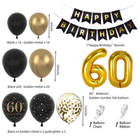 60th Birthday Party Decorations, 60th Birthday Party Balloons with 40in 60 Balloons Black and Gold Balloons Arch Happy Birthday Banner for Men Women 60th Birthday Party