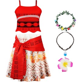 Girls Adventure Costume, Princess Fancy Party Dress up, Kids Maui Costume with Flower Clip Flower Headband Necklace (110CM)