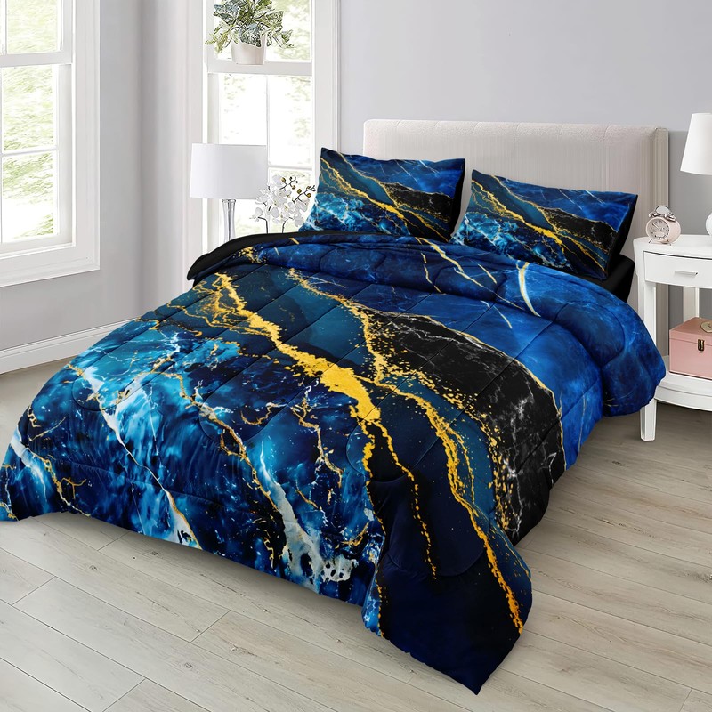 MOVE OVER Blue Gold Marble Comforter Set King Size, Luxury