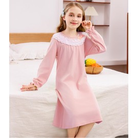 ABALACOCO Cotton Nightgown for Girls Short Long Sleeve Pajamas Dress Princess Kids Toddlers Pretty Lace Loose Sleepwear Dress (6-7 Years, Pink)