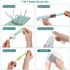 Baby Bottle Brush, 7 in 1 Travel Bottle Cleaner Kit with Silicone Bottle Brush, Nipple Brush, Straw Brush, Soap Dispenser, Bottle Drying Rack, Dishcloths, Portable Essentials for Home and Travel-Green