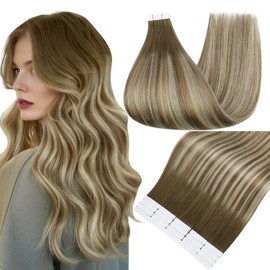 Full Shine Tape in Extensions 20PCS Human Hair Extensions Tape In Color 3 Fading to 6 and 22 Blonde 16 Inch Double Sided Tape Ins Human Hair Extensions 50 Grams Extensions for Women Real Hair